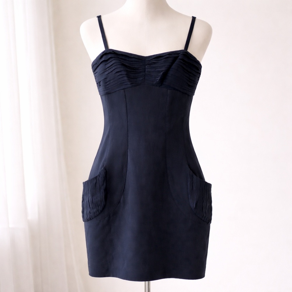 Alice + Olivia Silk Blend Black Mini Dress Lined Ruched Bust Strappy Bodycon